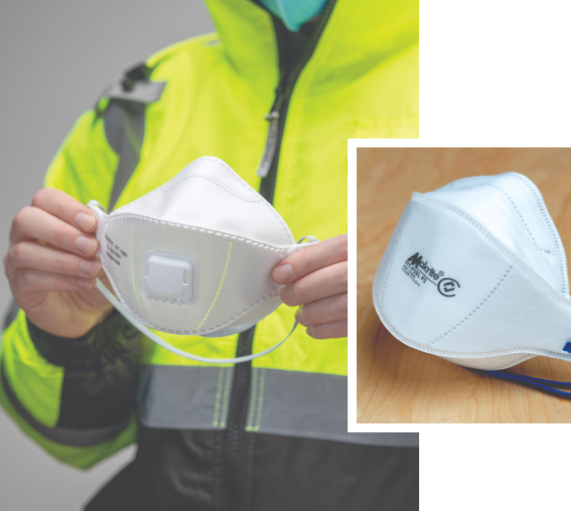 2 photos person holding respirator